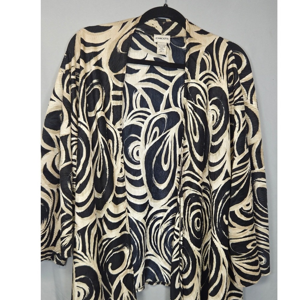 Chico's Cardigan Women's 1XL Black Cream Swirl Pleated Open Front Excellent Y2K